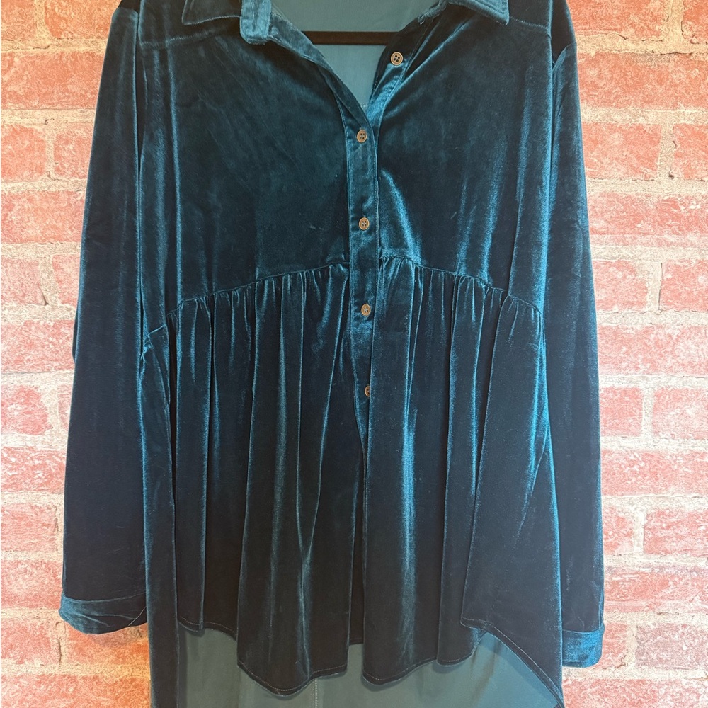 Umgee Velvet Button-Up Blouse in Deep Teal